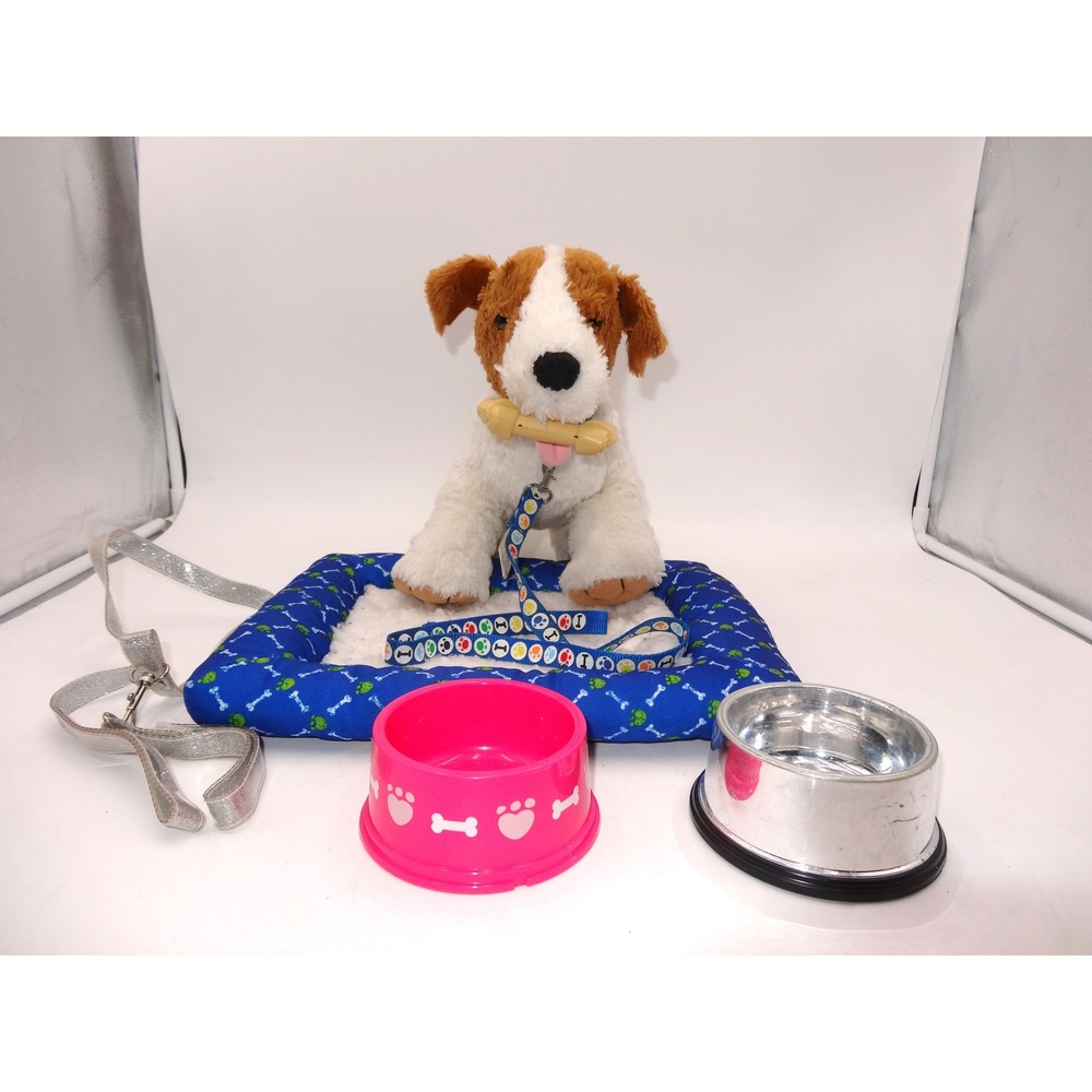 Build A Bear BAB Jack Russell Terrier Dog Plush Bundle Bed Bowls Leash Bone